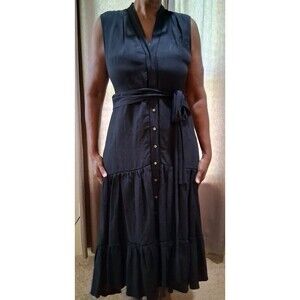 Kori Halperin Dress Women's Large  Black Attach Tie Belt Linen Blend